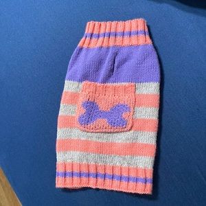 Dog sweater, size XXS, pink purple gray stripes with bone pocket